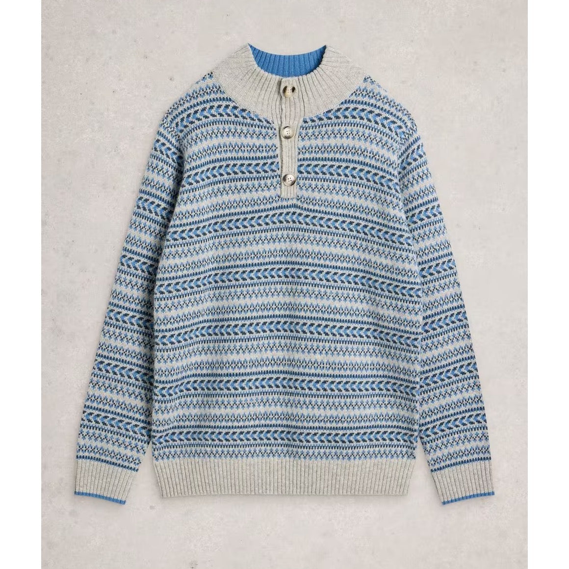 White Stuff Mens Kendal Fairisle Funnel Neck Jumper 444575 Blue Grey Clothing M / Blue,L / Blue,XL / Blue,XXL / Blue