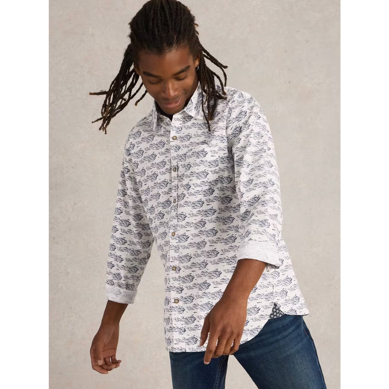 White Stuff Mens Shoal Fish Print Shirt 443302 Clothing M / White,L / White,XL / White,XXL / White