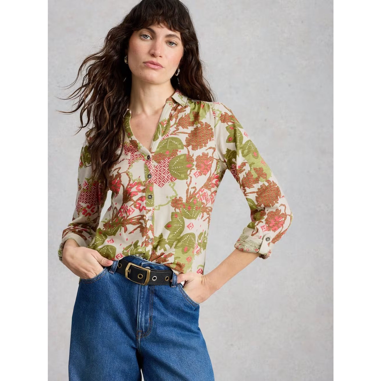 White Stuff Womens Annie Jersey Shirt 445365 Green Pink Print Clothing UK8 / Green,UK10 / Green,UK12 / Green,UK14 / Green,UK16 / Green,UK18 / Green