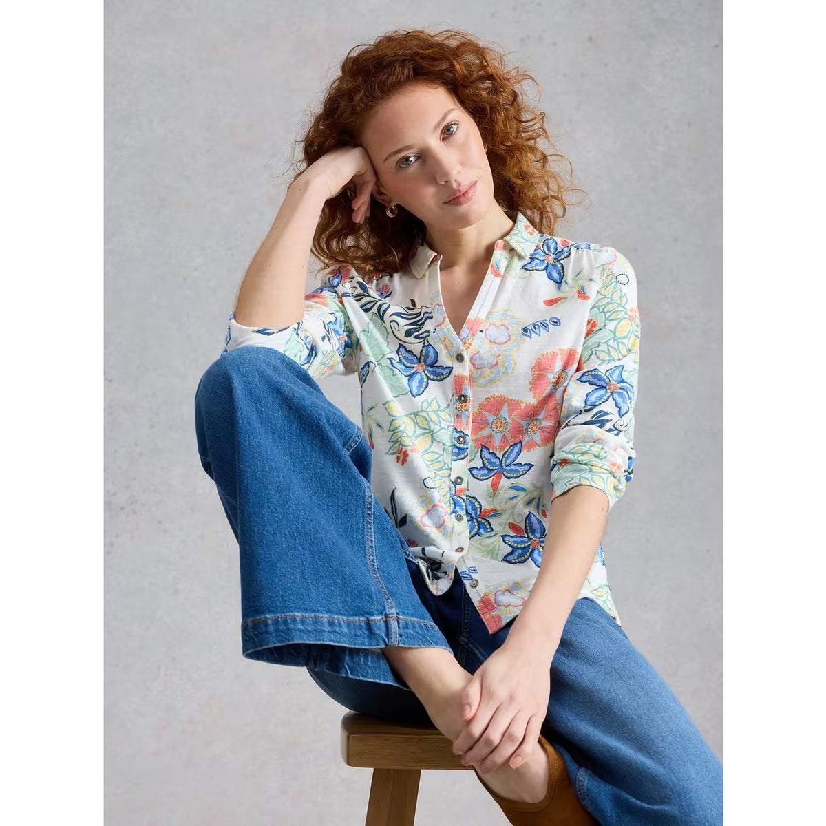 White Stuff Womens Annie Jersey Shirt 445833 Cream Print