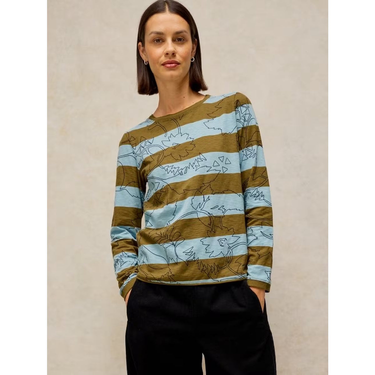 White Stuff Womens Clara T-Shirt 447079 Blue Khaki Stripe Clothing UK8 / Multi,UK10 / Multi,UK12 / Multi,UK14 / Multi,UK16 / Multi