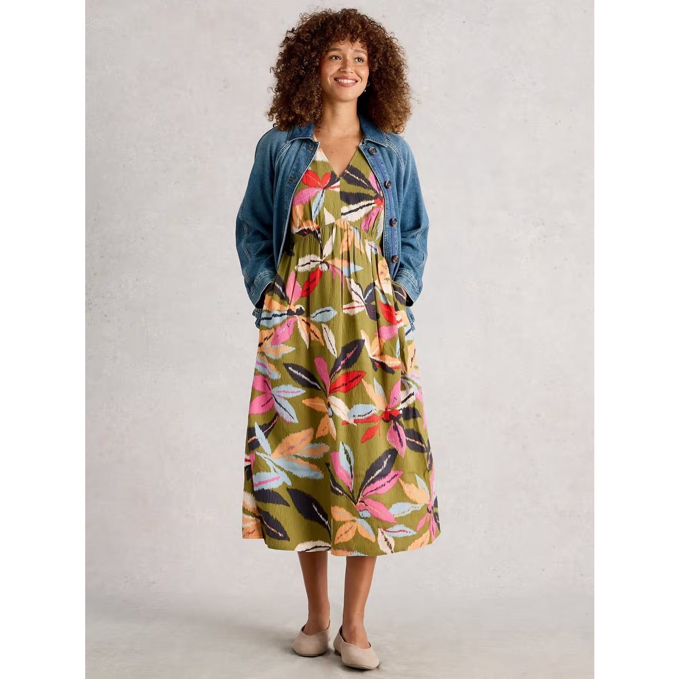 White Stuff Womens Lucy Midi Dress 444378 Khaki Multi