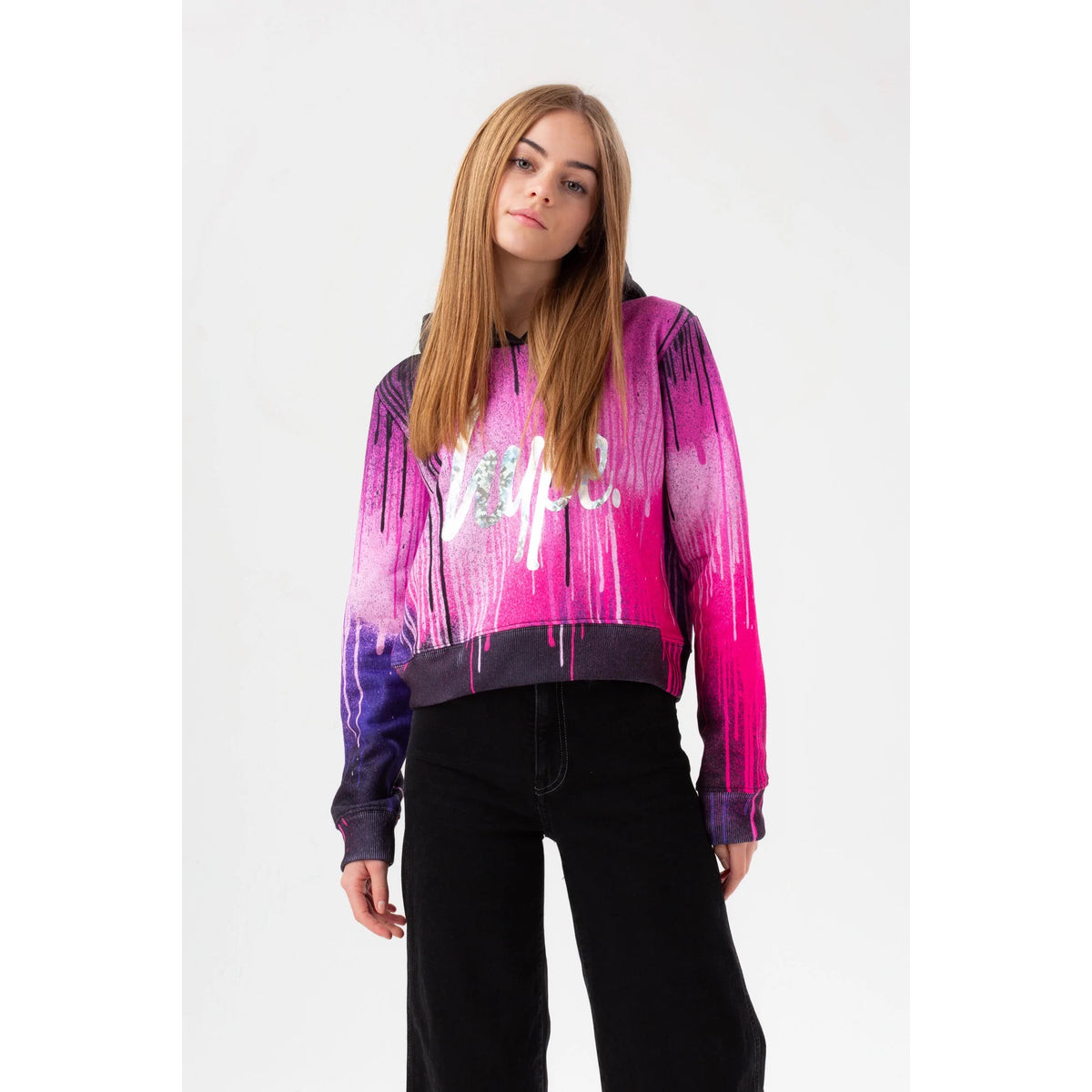 Hype Dark Pink Drips Cropped Hoodie Yvlr548 Clothing 9/10YRS / Pink,11/12YRS / Pink,13YRS / Pink,14YRS / Pink