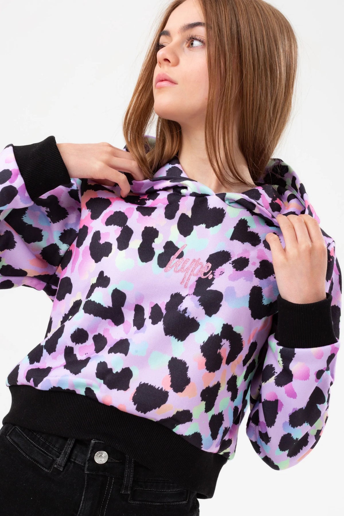 Hype Purple Rainbow Leopard Cropped Hoodie Yvlr547 Clothing 9/10YRS / Purple,11/12YRS / Purple,13YRS / Purple,14YRS / Purple,15YRS / Purple