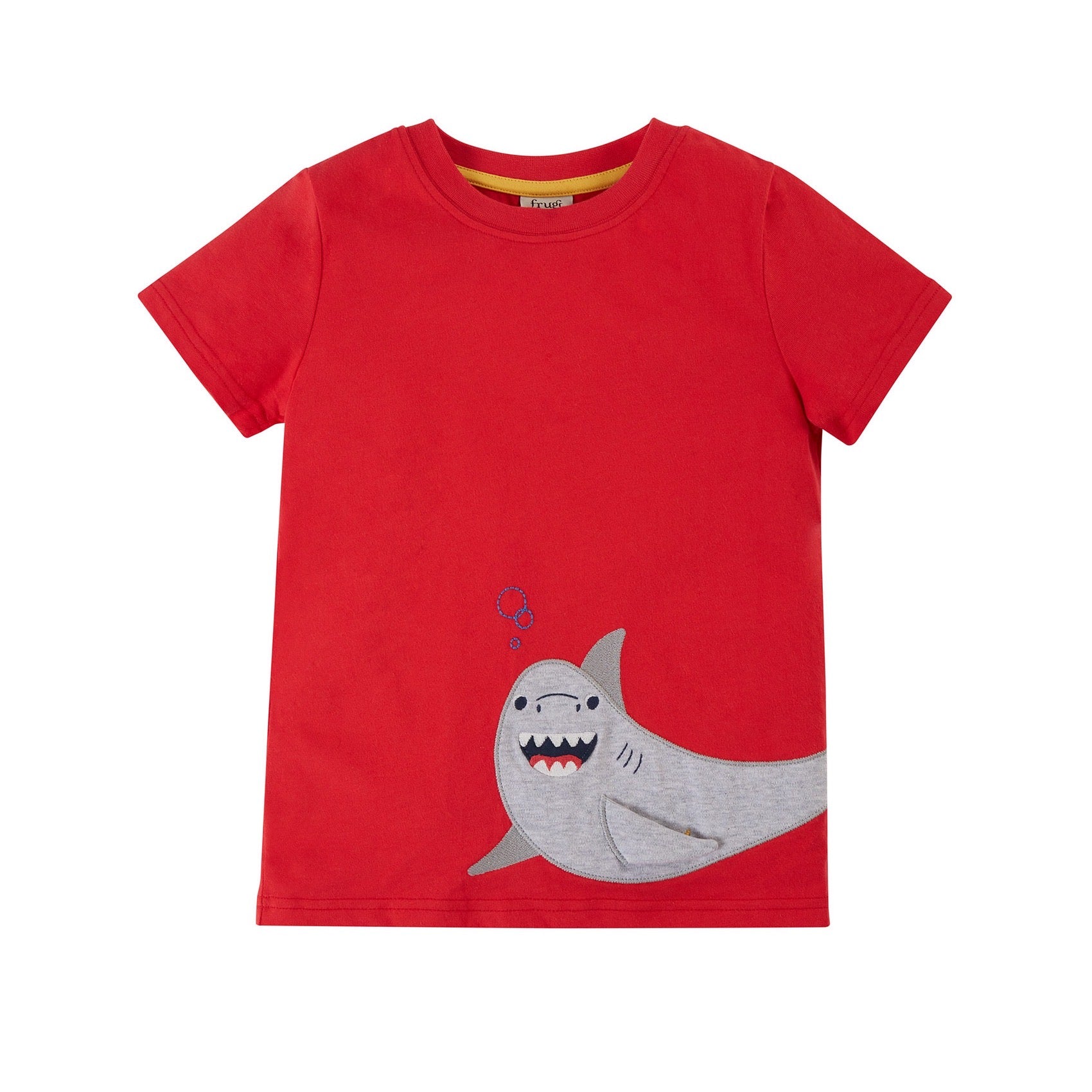 Frugi Rai Applique T-Shirt Red Shark Clothing 2-3YRS / Red,3-4YRS / Red,4-5YRS / Red,5-6YRS / Red,6-7YRS / Red,7-8YRS / Red,8-9YRS / Red